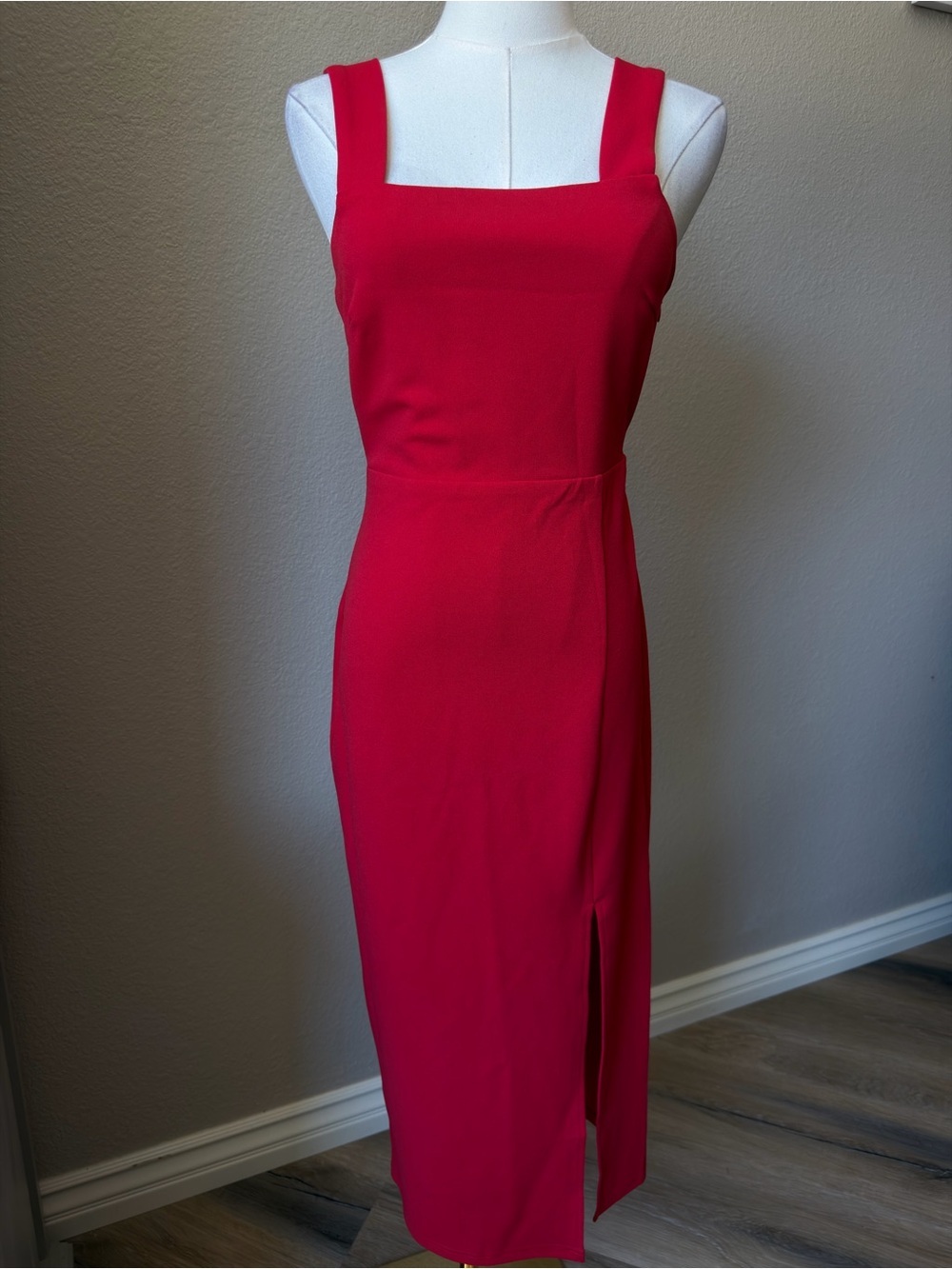 NWT Petal & Pup Bold Red Square-Neck Midi Dress with Front Slit, Size 2